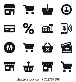 16 vector icon set : shop, cart, basket, target audience, card, percent, cashbox, phone pay, crypto currency, delete cart, credit card