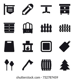 16 vector icon set : shop signboard, pencil, table, nightstand, chest of drawers, dresser, fence, cutting board, fireplace, trees, axe, barrel, spruce