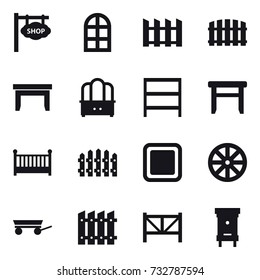 16 vector icon set : shop signboard, arch window, fence, table, dresser, rack, stool, crib, cutting board, wheel, trailer, farm fence, hive