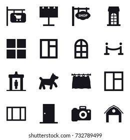 16 vector icon set : shop signboard, billboard, building, window, arch window, vip fence, detector, dog, curtain, door, barn