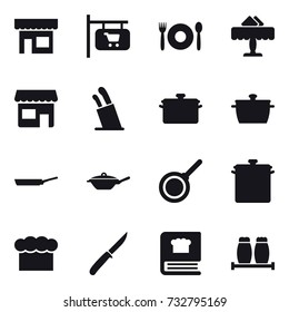 16 vector icon set : shop, shop signboard, cafe, restaurant, stands for knives, pan, chef  hat, knife