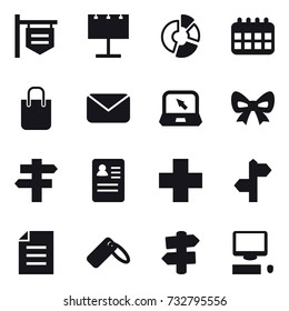 16 vector icon set : shop signboard, billboard, circle diagram, calendar, shopping bag, mail, notebook, bow, singlepost, signpost