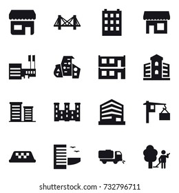 16 vector icon set : shop, bridge, building, mall, modern architecture, modular house, district, palace, taxi, hotel, sweeper, garden cleaning