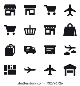 16 vector icon set : shop, cart, plane, basket, shopping bag, delivery, atm receipt, journey, airplane, garage