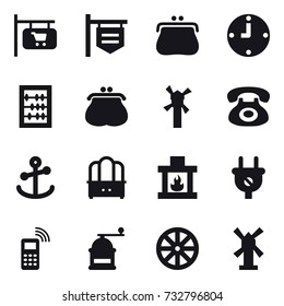 16 vector icon set : shop signboard, purse, clock, abacus, windmill, dresser, fireplace, hand mill, wheel