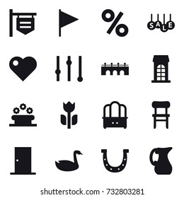16 vector icon set : shop signboard, flag, percent, sale, heart, equalizer, bridge, building, flower bed, dresser, chair, door, goose, horseshoe, jug