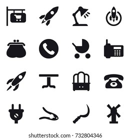16 vector icon set : shop signboard, rocket, table lamp, purse, phone, baby stroller, table, dresser, walnut crack, sickle, windmill
