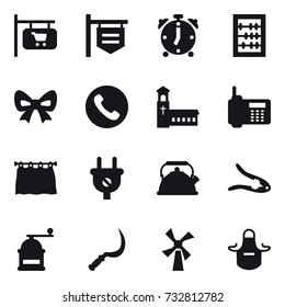 16 vector icon set : shop signboard, alarm clock, abacus, bow, phone, church, curtain, kettle, walnut crack, hand mill, sickle, windmill, apron