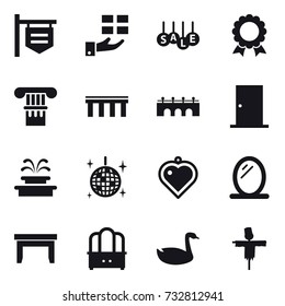 16 vector icon set : shop signboard, gift, sale, medal, column, bridge, door, fountain, disco ball, heart pendant, mirror, table, dresser, goose, scarecrow