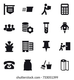 16 vector icon set : shop signboard, delivery, courier, calculator, group, virtual mining, vial, jet robot, flower, houses, phone, bucket and broom, paper towel