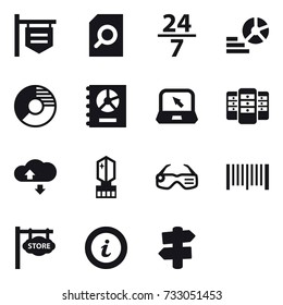 16 vector icon set : shop signboard, search document, 24/7, diagram, circle diagram, annual report, notebook, server, cloude service, crystall  memory, smart glasses, barcode, store signboard, info
