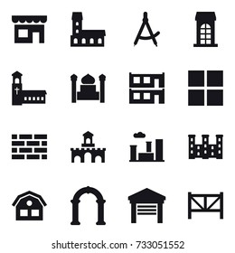 16 vector icon set : shop, mansion, draw compass, building, church, minaret, modular house, window, brick wall, fort, city, palace, house, arch, garage, farm fence