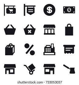 16 vector icon set : shop signboard, dollar, money, basket, delete cart, market, shopping bag, percent, cashbox, atm receipt, shop, turk