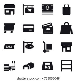 16 vector icon set : shop, shop signboard, money, shopping bag, delivery, credit card, sale, store signboard, cargo stoller, mall, warehouse, rack
