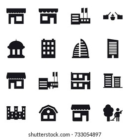 16 vector icon set : shop, store, drawbridge, goverment house, building, skyscraper, mall, modular house, district, palace, house, garden cleaning