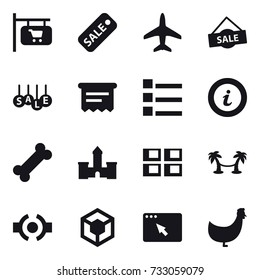 16 vector icon set : shop signboard, sale, plane, atm receipt, list, info, castle, panel house, palm hammock, chicken