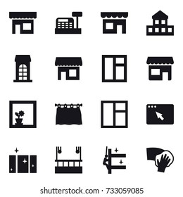 16 vector icon set : shop, cashbox, cottage, building, window, flower in window, curtain, clean  window, skyscapers cleaning, skyscrapers cleaning, wiping