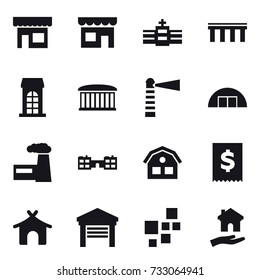 16 vector icon set : shop, bridge, building, airport building, lighthouse, hangare, factory, school, house, bungalow, garage, housing