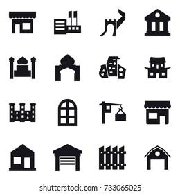 16 vector icon set : shop, store, greate wall, library, minaret, modern architecture, japanese house, palace, arch window, home, garage, fence, barn