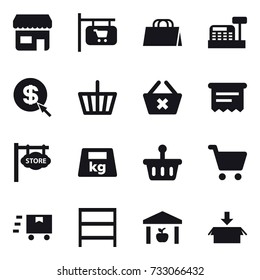 16 vector icon set : shop, shop signboard, shopping bag, cashbox, dollar arrow, basket, delete cart, atm receipt, store signboard, rack, warehouse, package