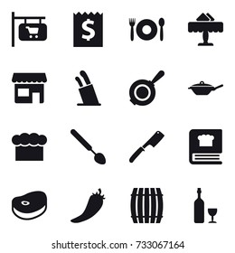 16 vector icon set : shop signboard, receipt, cafe, restaurant, shop, stands for knives, pan, chef  hat, big spoon, chef knife, hot pepper, barrel, wine