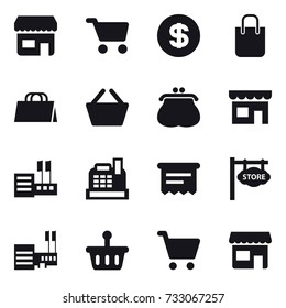 16 vector icon set : shop, cart, dollar, shopping bag, basket, purse, store, cashbox, atm receipt, store signboard, mall