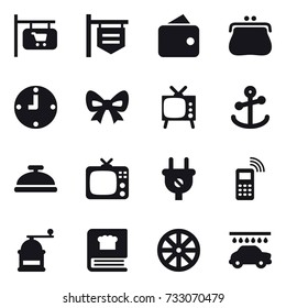 16 vector icon set : shop signboard, wallet, purse, clock, bow, tv, service bell, hand mill, wheel, car wash