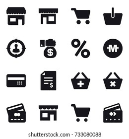 16 vector icon set : shop, cart, basket, target audience, money gift, percent, crypto currency, credit card, account balance, add to basket, delete cart