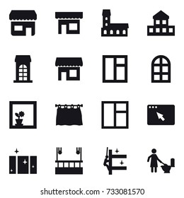 16 vector icon set : shop, mansion, cottage, building, window, arch window, flower in window, curtain, clean  window, skyscapers cleaning, skyscrapers cleaning, toilet cleaning