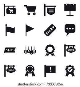 16 vector icon set : shop signboard, cart, billboard, flag, sale, message, medal, store signboard