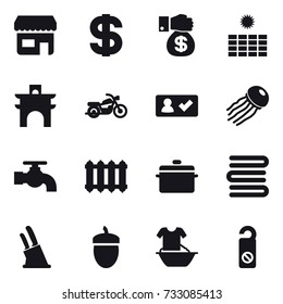 16 vector icon set : shop, dollar, money gift, sun power, arch, motorcycle, check in, jellyfish, water tap, radiator, pan, towels, knife holder, acorn, handle washing, do not distrub