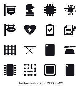 16 vector icon set : shop signboard, chess horse, chip, store signboard, iron board, cutting board