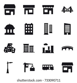 16 vector icon set : shop, bridge, goverment house, building, skyscrapers, skyscraper, modern architecture, district, city, outdoor light, bus