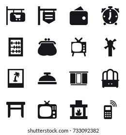 16 vector icon set : shop signboard, wallet, alarm clock, abacus, purse, tv, windmill, photo, service bell, wardrobe, dresser, stool, fireplace