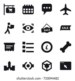 16 vector icon set : shop signboard, calendar, message, plane, courier, eye identity, sale, atm receipt, list, info, castle