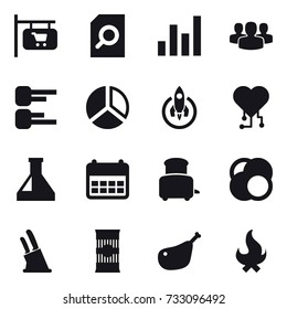 16 vector icon set : shop signboard, search document, graph, group, diagram, rocket, cardio chip, toaster, knife holder, fire