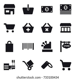 16 vector icon set : shop, basket, money, cart, add to basket, delete cart, market, shopping bag, barcode, cashbox, store signboard, mall