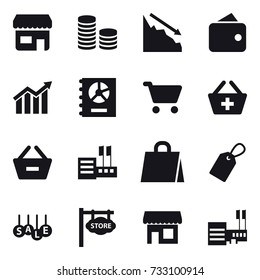16 vector icon set : shop, coin stack, crisis, wallet, diagram, annual report, cart, add to basket, remove from basket, store, shopping bag, label, sale, store signboard, mall