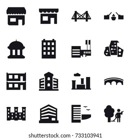 16 vector icon set : shop, bridge, drawbridge, goverment house, building, mall, modern architecture, modular house, city, palace, hotel, garden cleaning