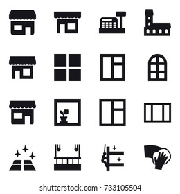 16 vector icon set : shop, cashbox, mansion, window, arch window, flower in window, clean floor, skyscapers cleaning, skyscrapers cleaning, wiping