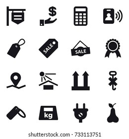 16 vector icon set : shop signboard, investment, calculator, pass card, label, sale label, sale, medal, pear