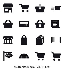 16 vector icon set : shop, cart, basket, delivery, credit card, delete cart, shopping list, market, shopping bag, barcode, store signboard, hangare