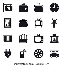 16 vector icon set : shop signboard, wallet, purse, clock, abacus, tv, windmill, wardrobe, dresser, fireplace, wheel, car wash