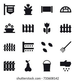 16 vector icon set : shop signboard, flower, fence, greenhouse, flower bed, watering, seeds, fork, pear, bucket, sow