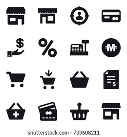 16 vector icon set : shop, target audience, card, investment, percent, cashbox, crypto currency, cart, add to cart, basket, account balance, add to basket, credit card