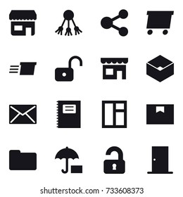 16 vector icon set : shop, share, delivery, unlock, box, mail, copybook, window, unlocked, door