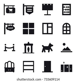 16 vector icon set : shop signboard, billboard, abacus, window, arch window, vip fence, detector, dog, landscape, dresser, rack, door, clean  window