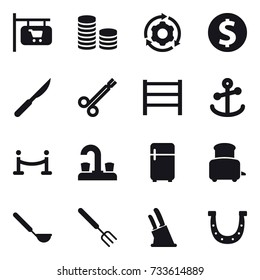 16 vector icon set : shop signboard, coin stack, around gear, dollar coin, vip fence, water tap, fridge, toaster, ladle, big fork, knife holder, horseshoe