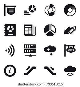 16 vector icon set : shop signboard, diagram, circle diagram, annual report, newspaper, up down arrow, wireless, server, cloude service, store signboard, info, escalator