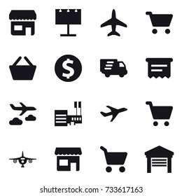 16 vector icon set : shop, billboard, plane, cart, basket, dollar coin, delivery, atm receipt, journey, mall, garage